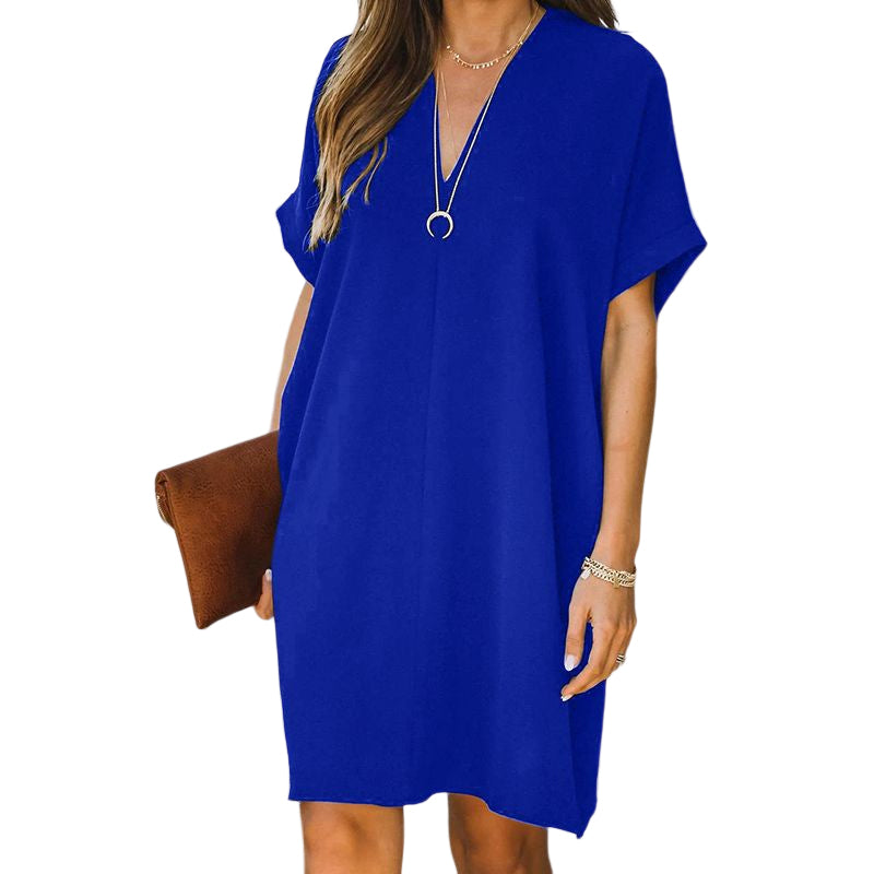 V Neck Short Sleeve Solid Color Loose Dress