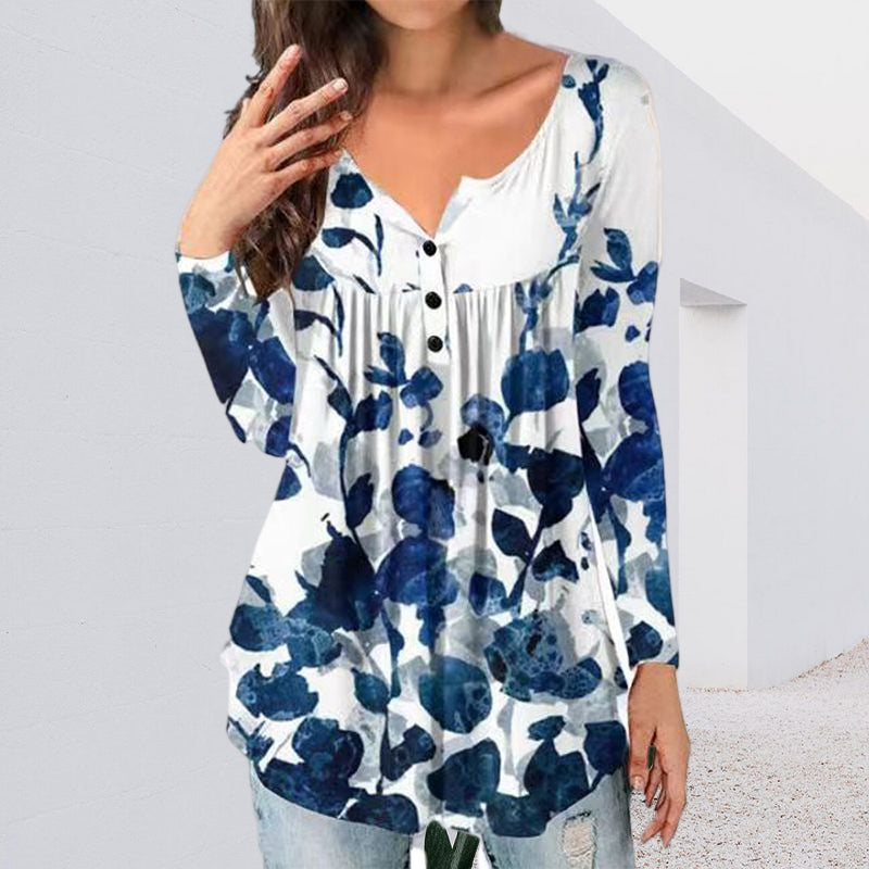 Printed Button Loose Long Sleeve T-Shirt