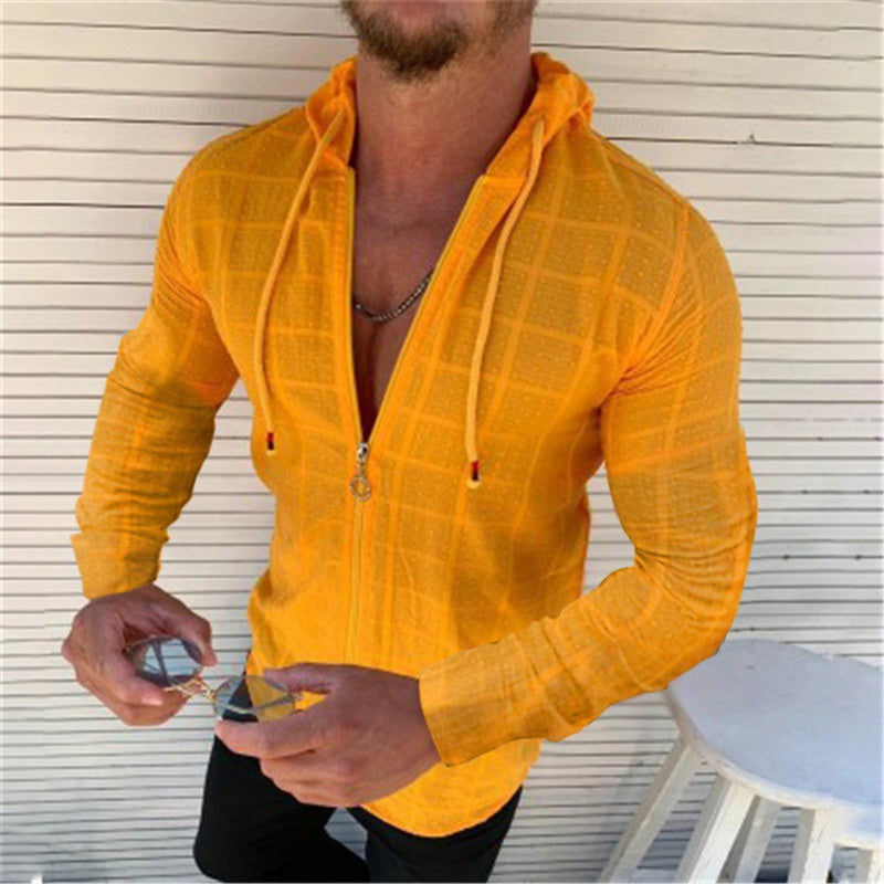 Casual Long-sleeved Shirt Hooded Fitting Cardigan Zipped Cardigan Shirt