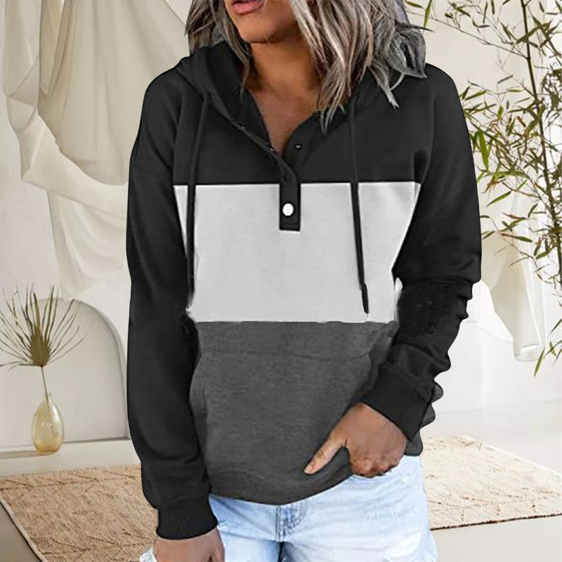 Ladies Colorblock Fleece V-Neck Hooded Drawstring Pullover Sweatshirt