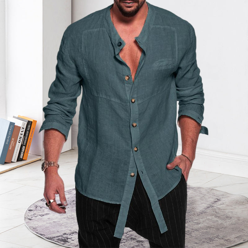 Stand Collar Linen Long Sleeve Shirt