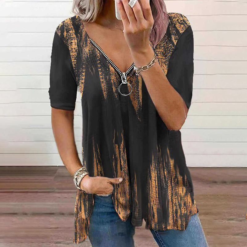 Zip V-neck Print T-shirt
