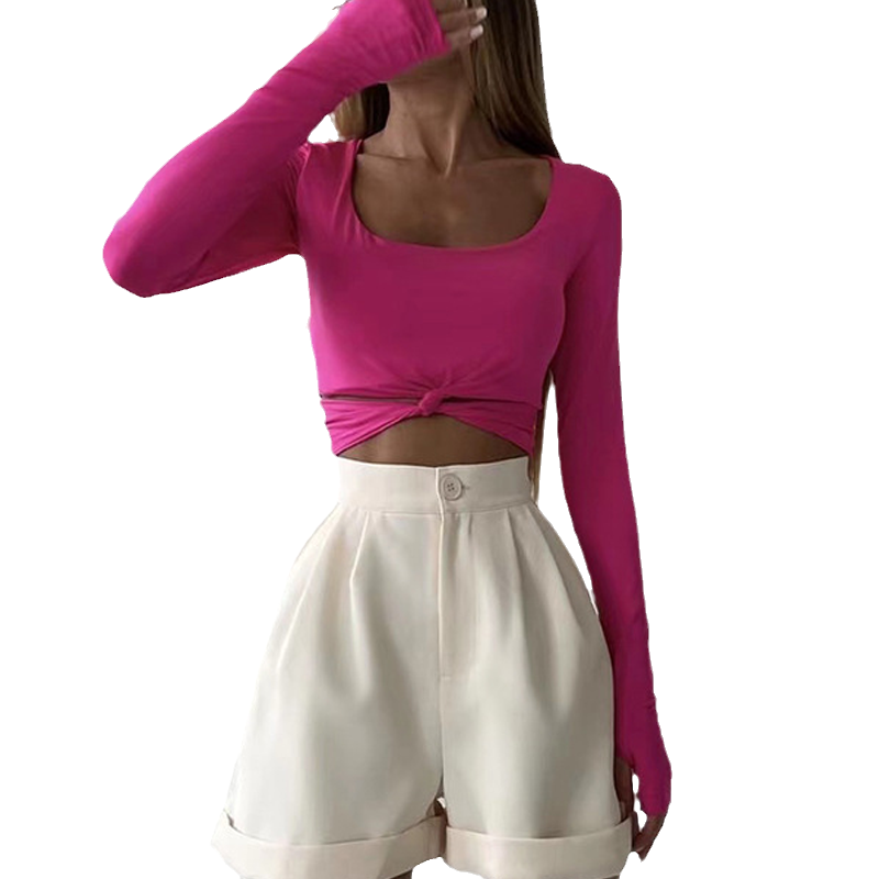 Long Sleeve Crewneck Tie Knot Top T-Shirt