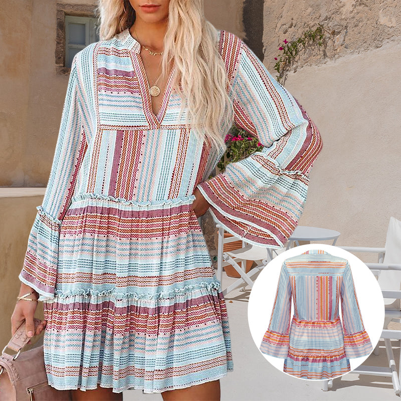 Printed Long Sleeve V-Neck Panel Casual Dress