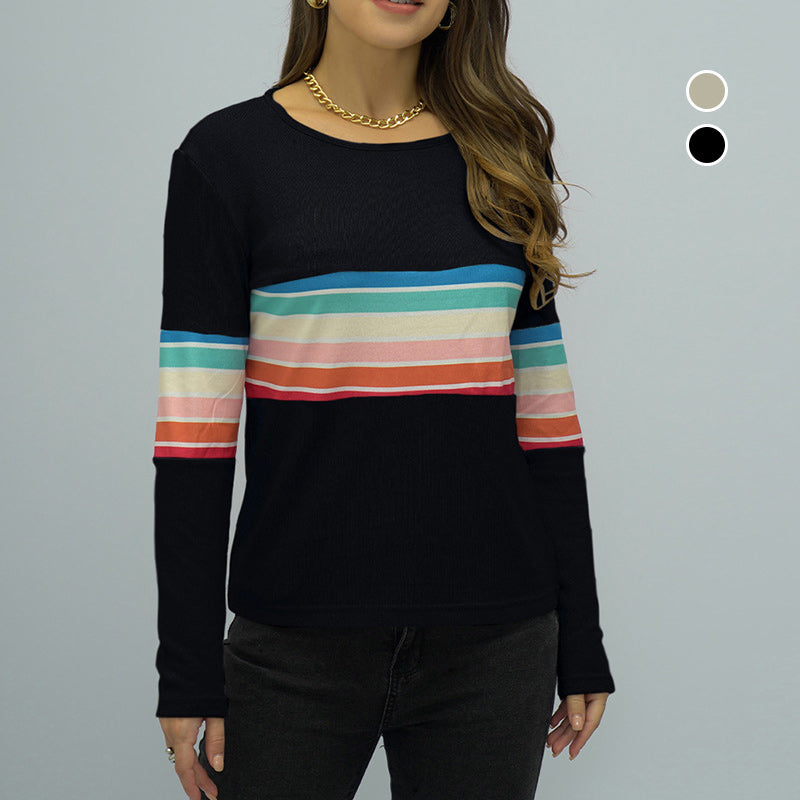 Crew Neck Long Sleeve Rainbow Stripe Panel T-Shirt