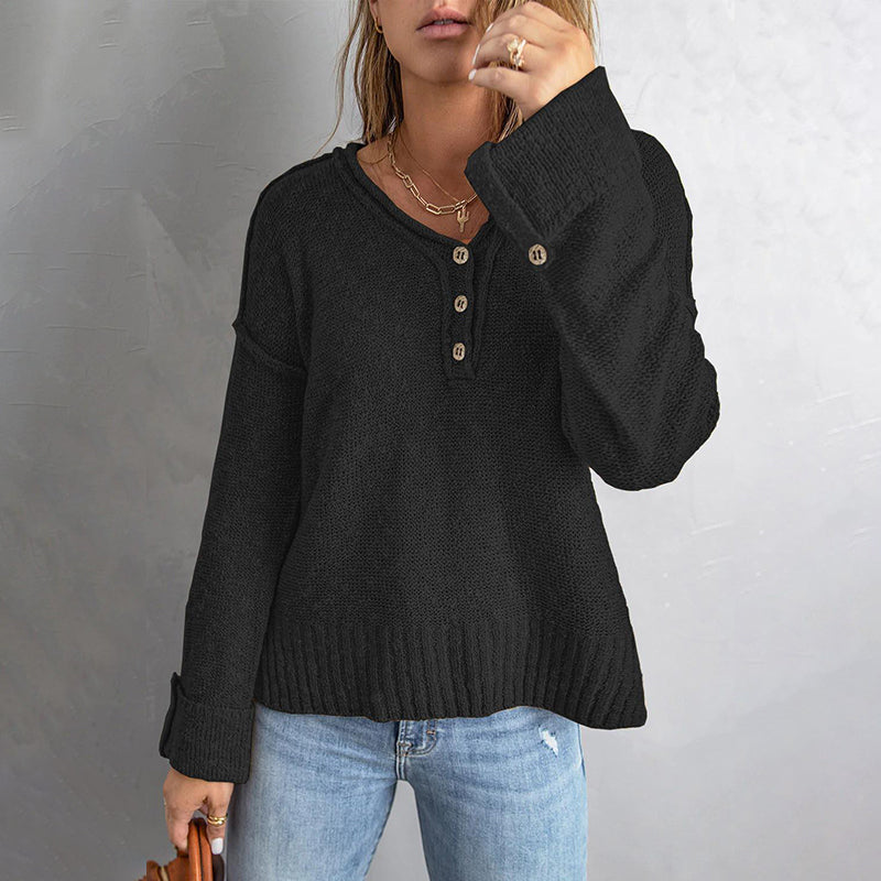 Button Knit Dropped Shoulder Sweater
