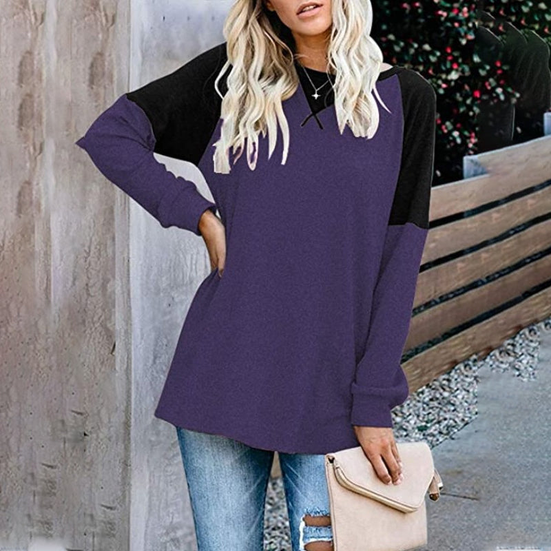 Round Neck Long Sleeve Color Block T-Shirt