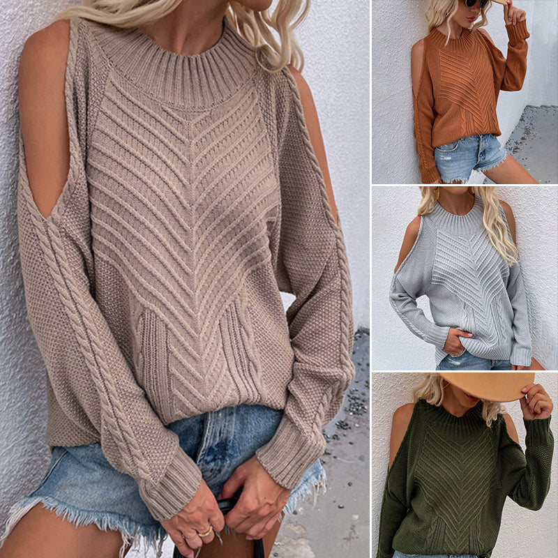Off Shoulder Long Sleeve Crew Neck Sweater