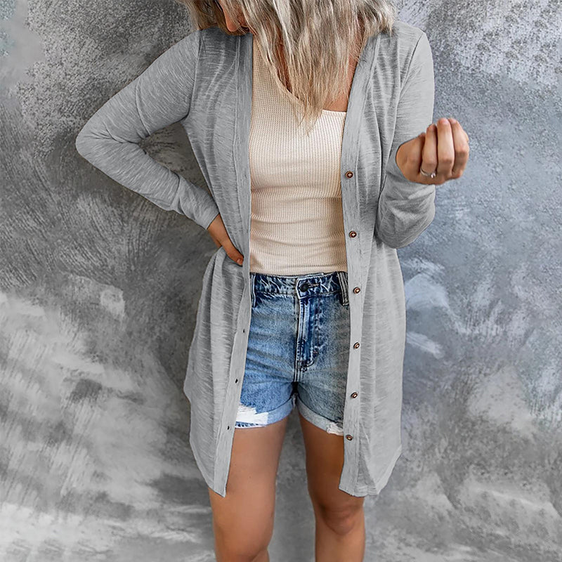 Button Solid Long Sleeve Cardigan