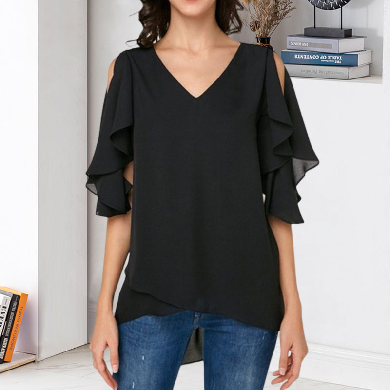 Women's Leaky Shoulder Lotus Leaf Sleeves Chiffon Top