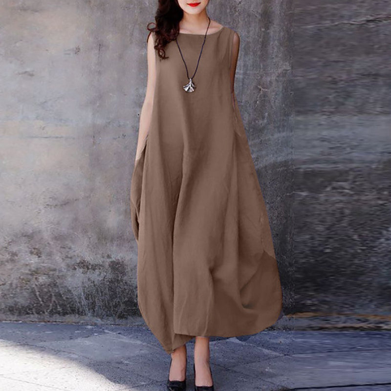 Solid Color Round Neck Dress