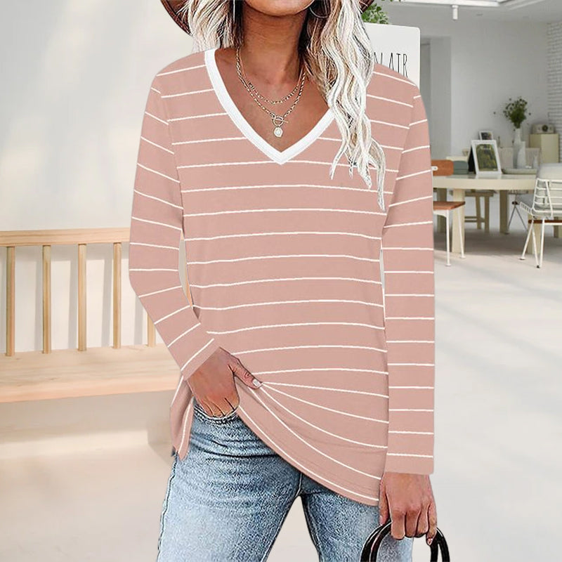 Long Sleeve V Neck Striped T-Shirt