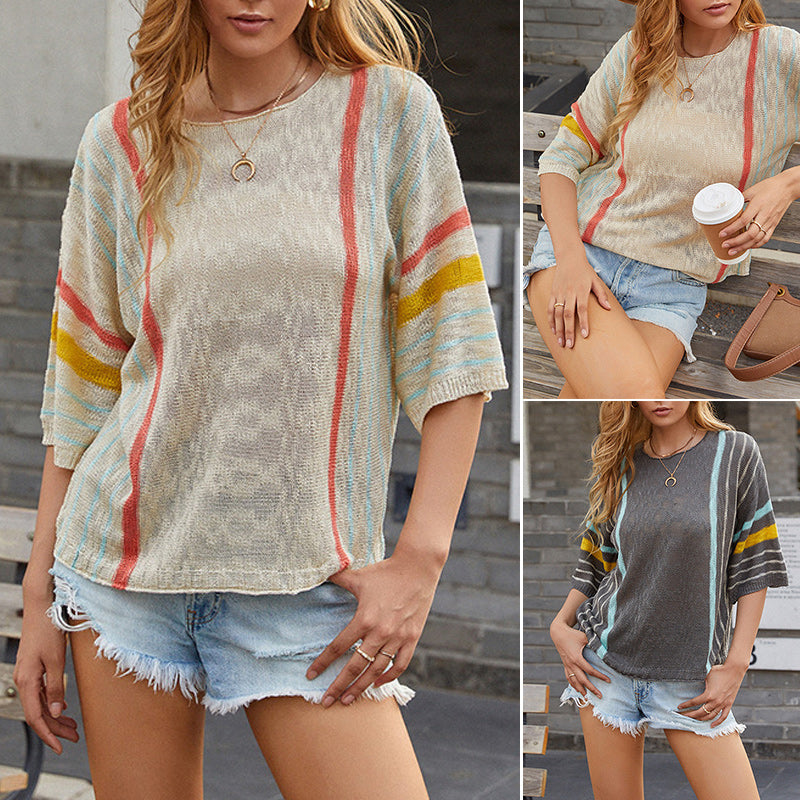 Colorblock Striped 3/4 Sleeve Knit Sweater