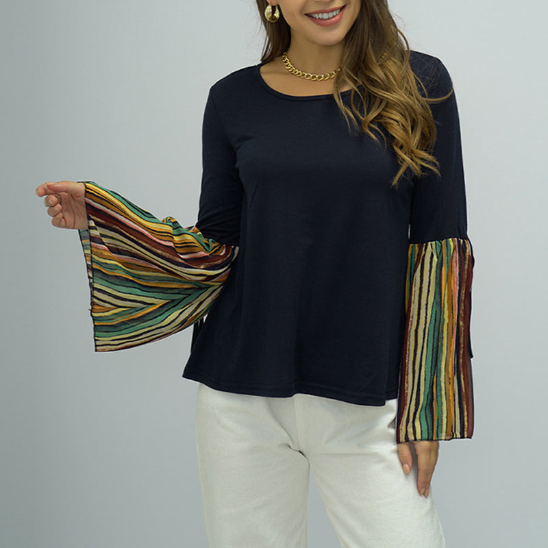 Ladies Patchwork Striped Long Sleeve Top