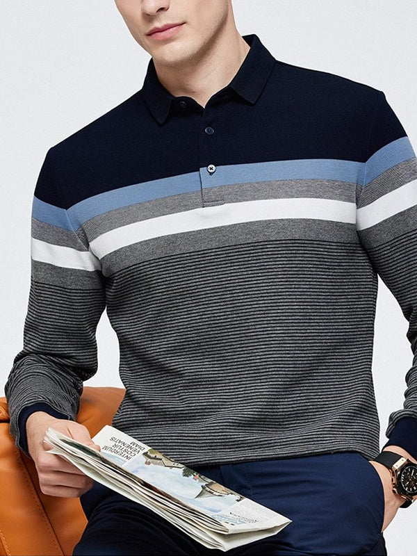 Men's Lapel Cotton Striped Long Sleeve POLO Shirt