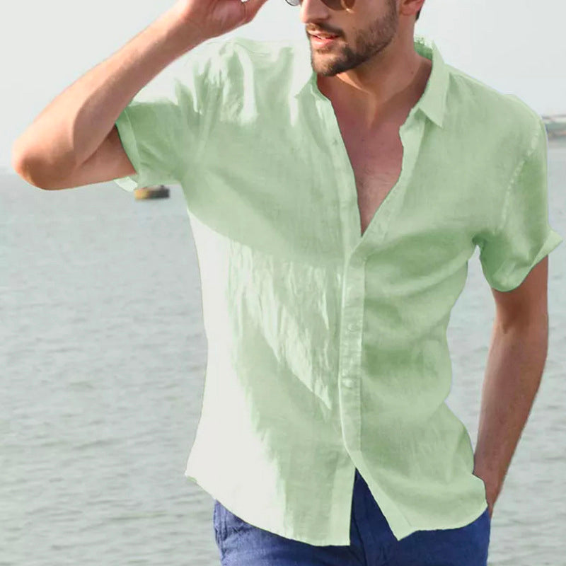 Linen Lapel Solid Color Short Sleeve Shirt