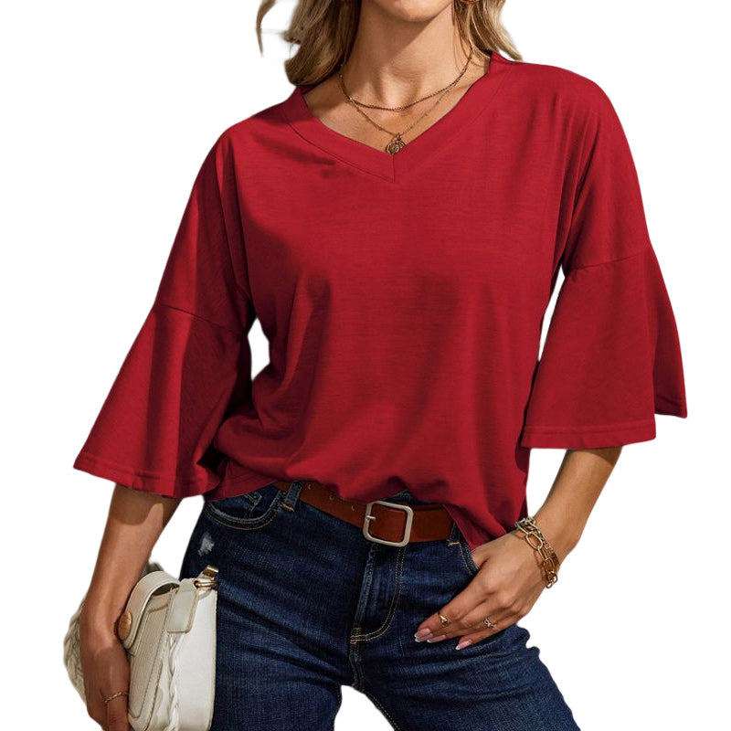 Plain V-neck flared T-shirt