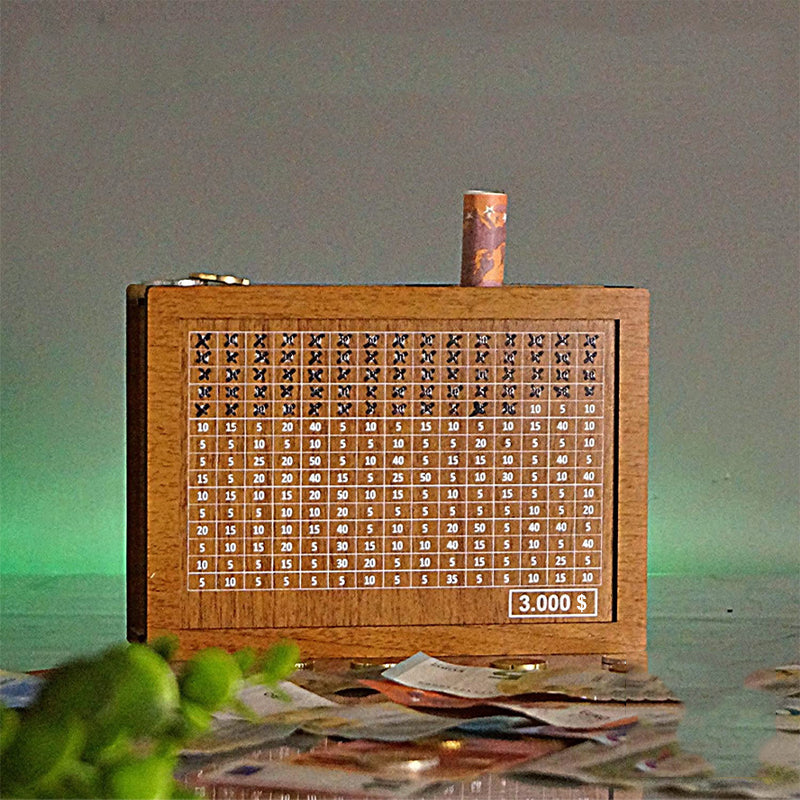 Wooden money box with engraved figures