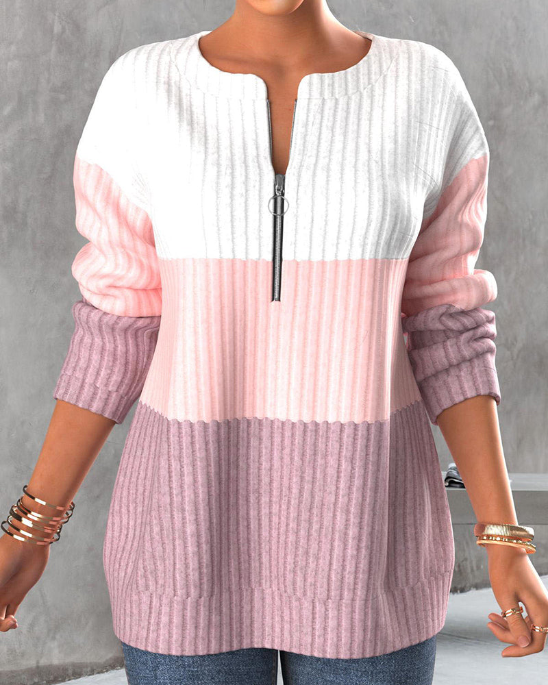 Color Block Zipper Blouse
