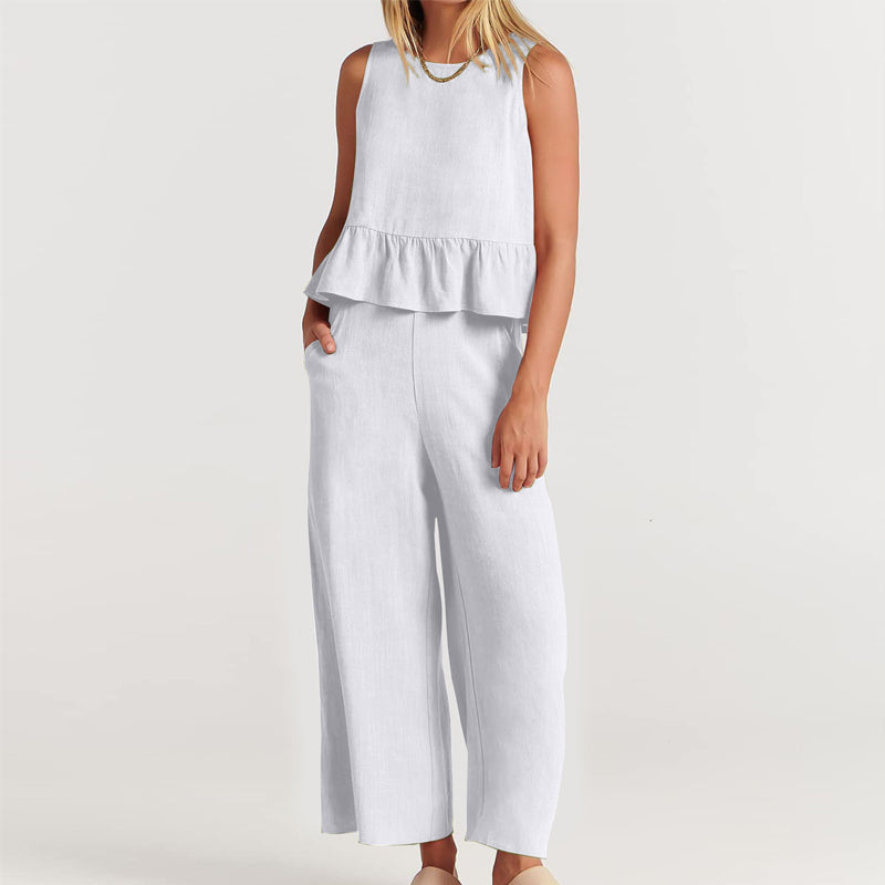 Women Sleeveless pleated tank top wide leg pants set