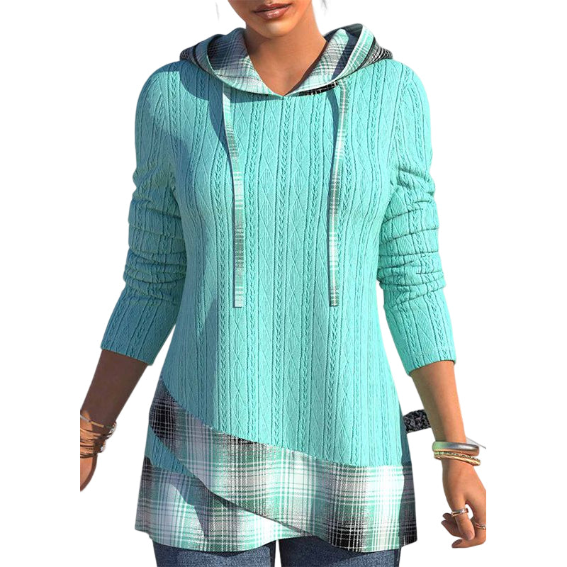 Hooded Plaid Knit Top