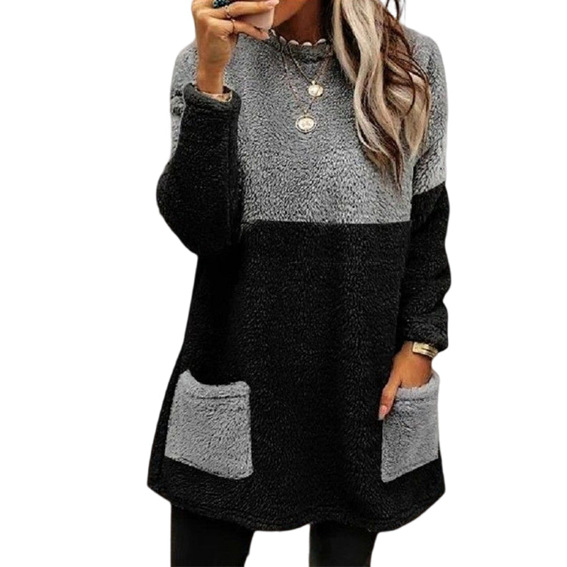 Round Neck Panels Pockets Long Sleeves Suede Sweatshirt