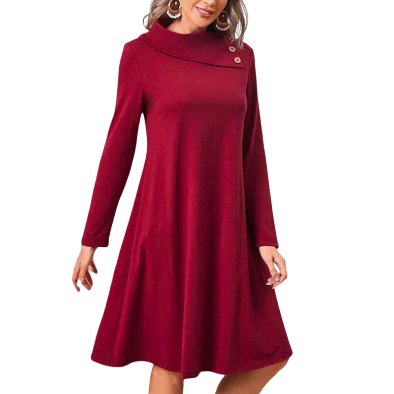 Solid Color Christmas Dress with Elegant Buttons