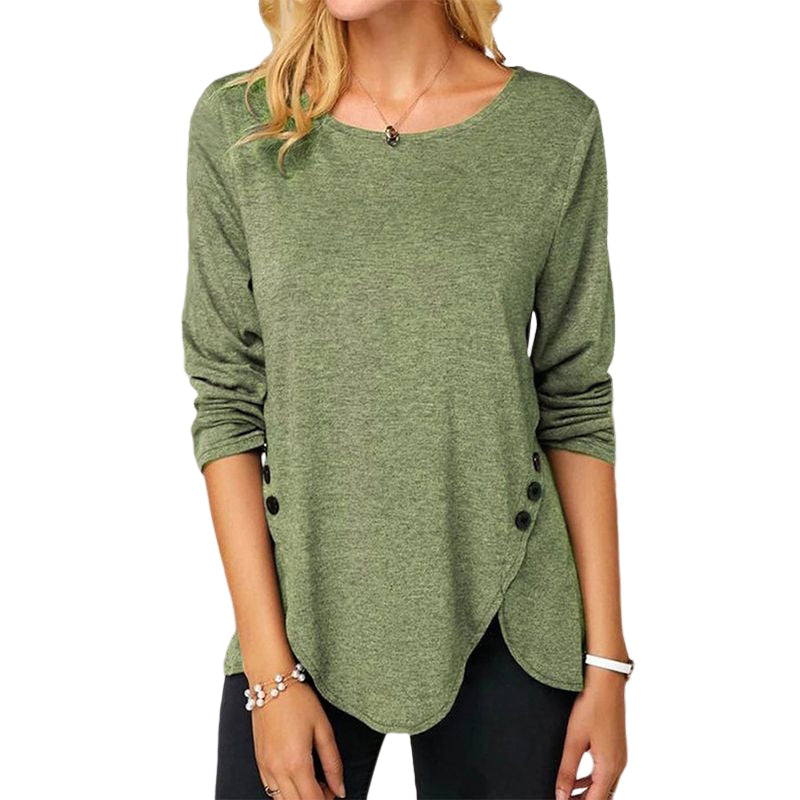 Irregular Button Long Sleeve Crew Neck Casual T-Shirt