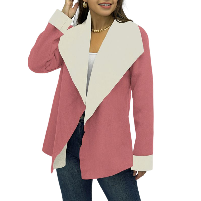 Ladies Solid Color Large Lapel Zip Loose Jacket