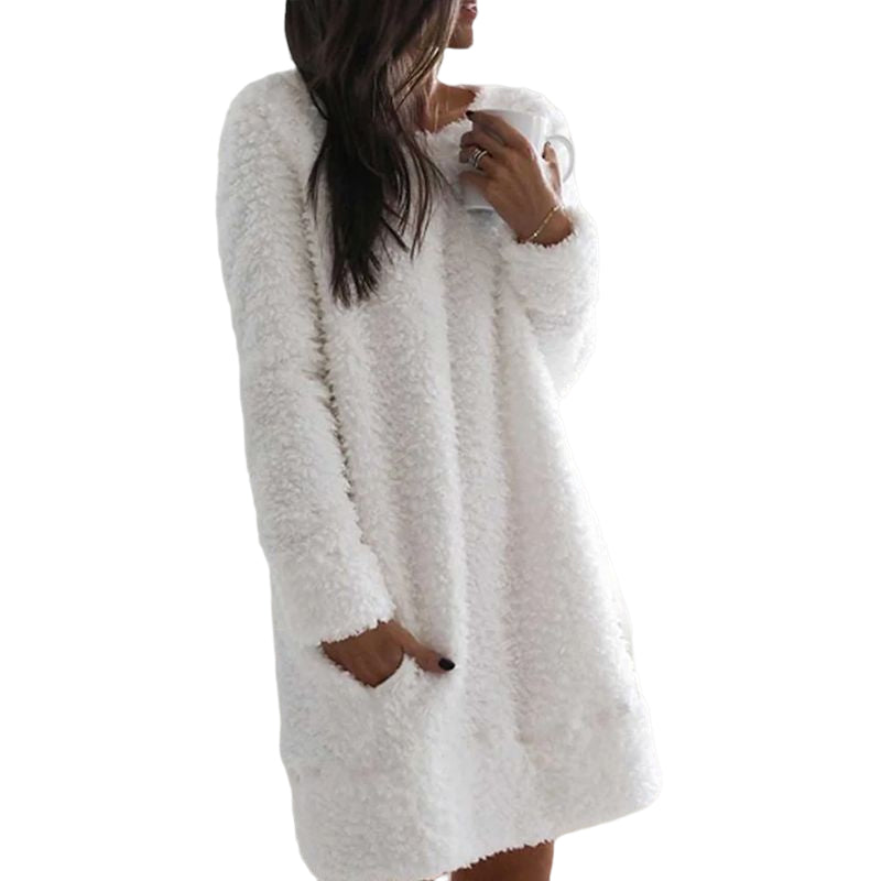 Solid Color Round Neck Warm Dress