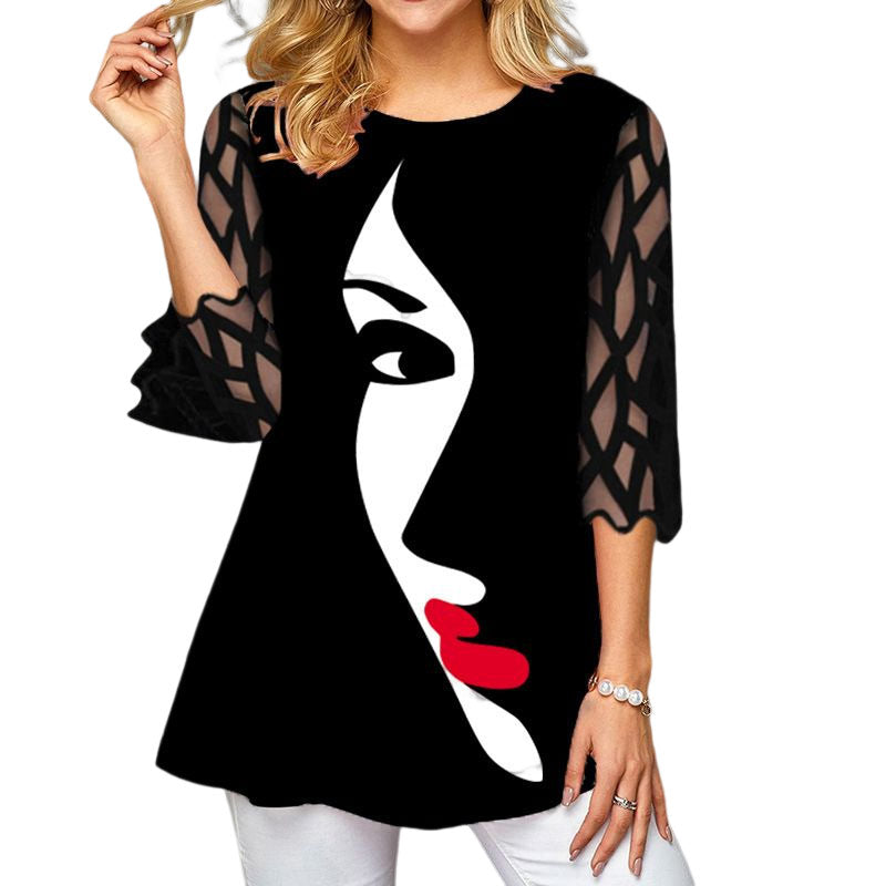 Lace Sleeve Printed T-shirt