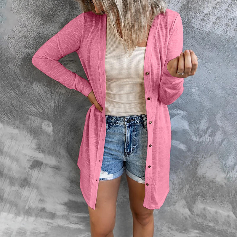 Button Solid Long Sleeve Cardigan