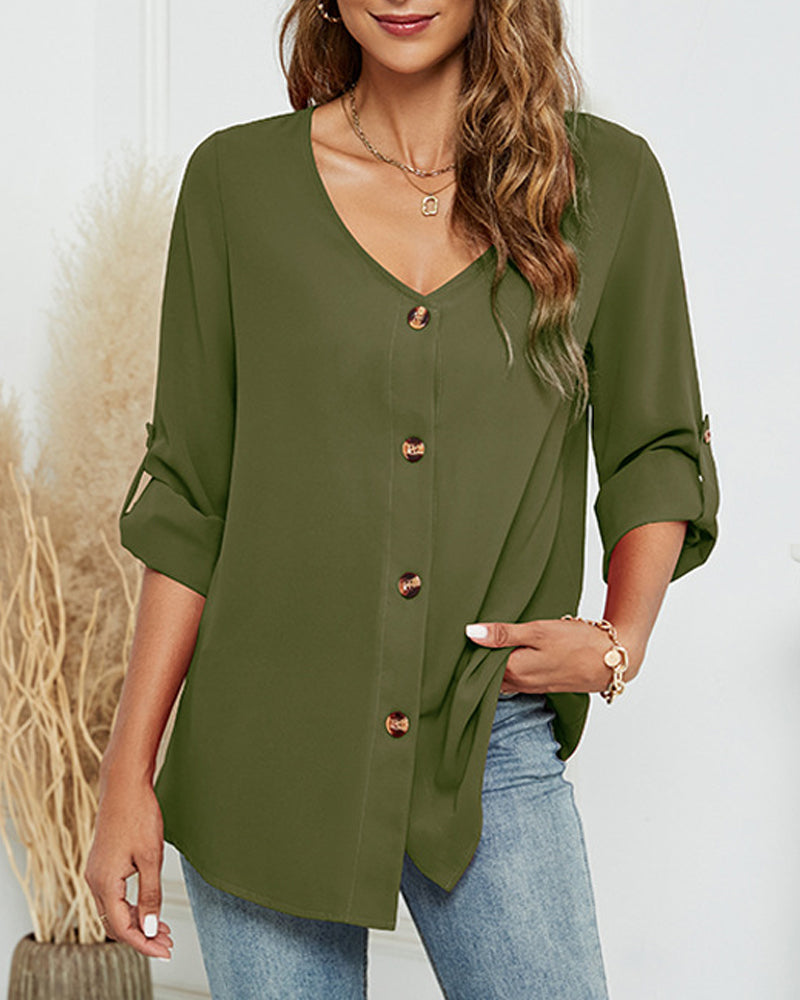 Solid V-Neck Button-Up Shirt