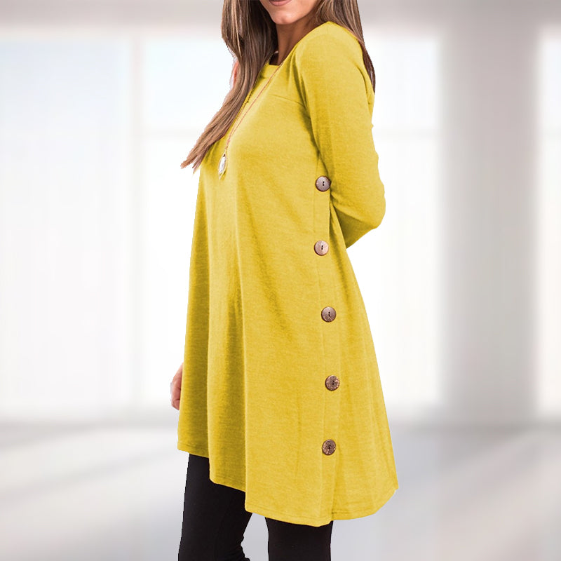 Women's Long Sleeve Scoop Neck Button Side Sweater Tunic Dress