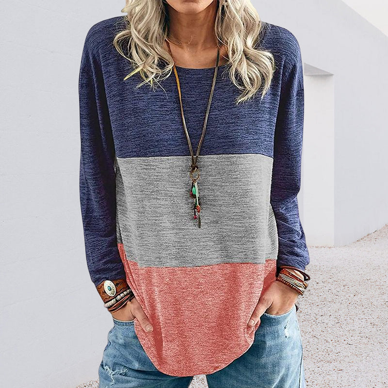 Round Neck Pullover Contrast Long Sleeve T-Shirt