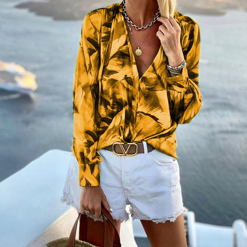 Printed V-Neck Long Sleeve T-Shirt