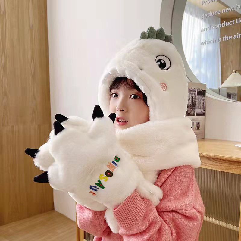 Toddler Kids Cartoon Dinosaur Fleece Plush Hat Gloves Scarf 3 in 1 Set