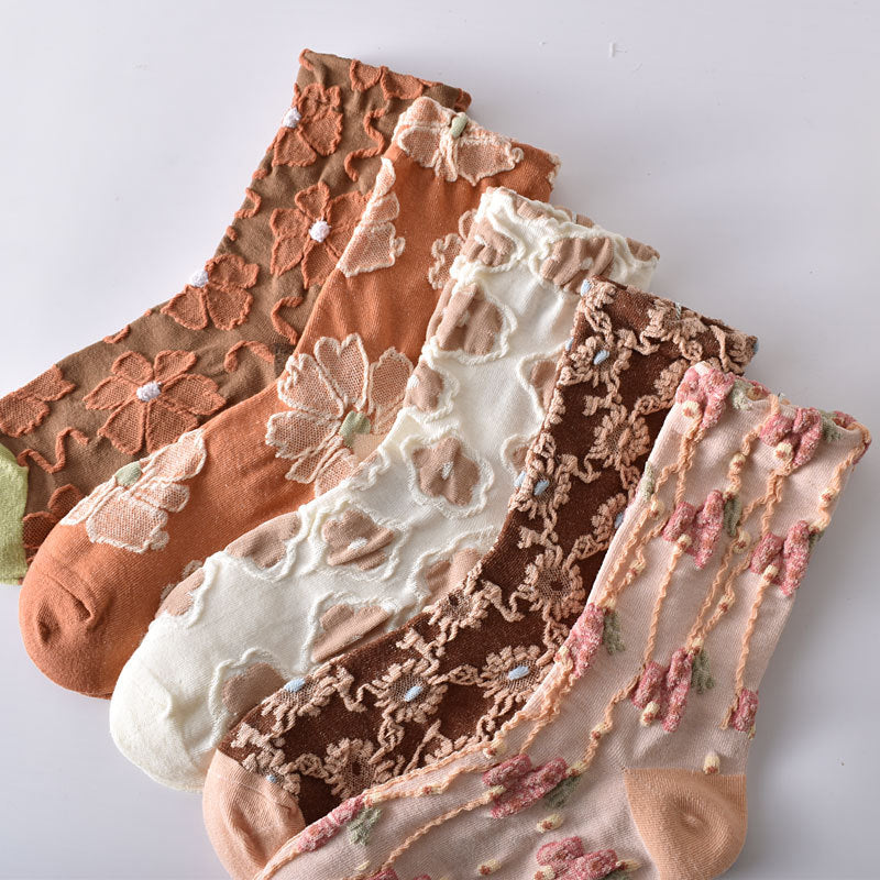 Women's Elegant Embossed Floral Cotton Socks