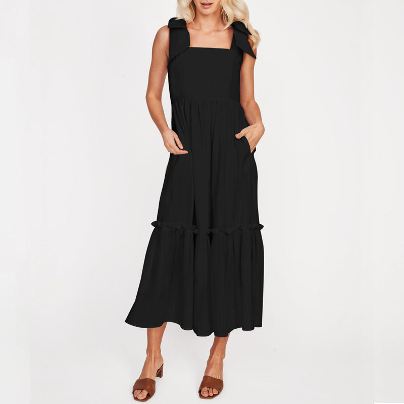 Plain Lace-Up Ruffle Dress