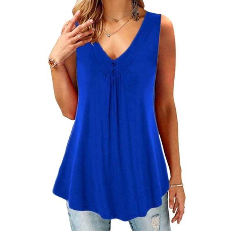 Solid V-Neck Pleated Button T-Shirt