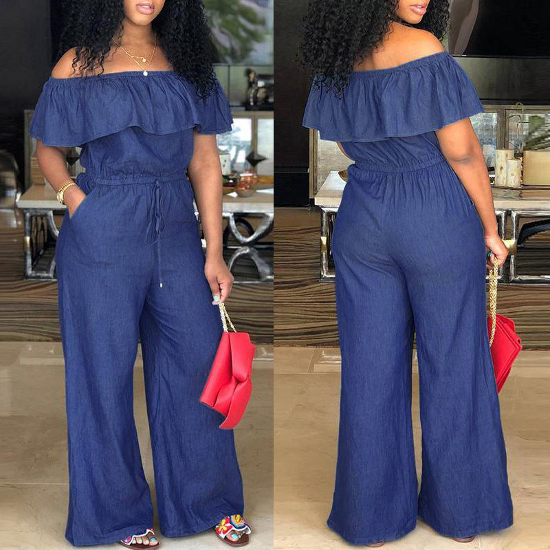 Foldover Ruffle Trim Drawstring Denim Jumpsuit