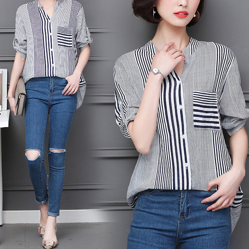 Stripe Print Stand Collar 3/4 Sleeves Blouse