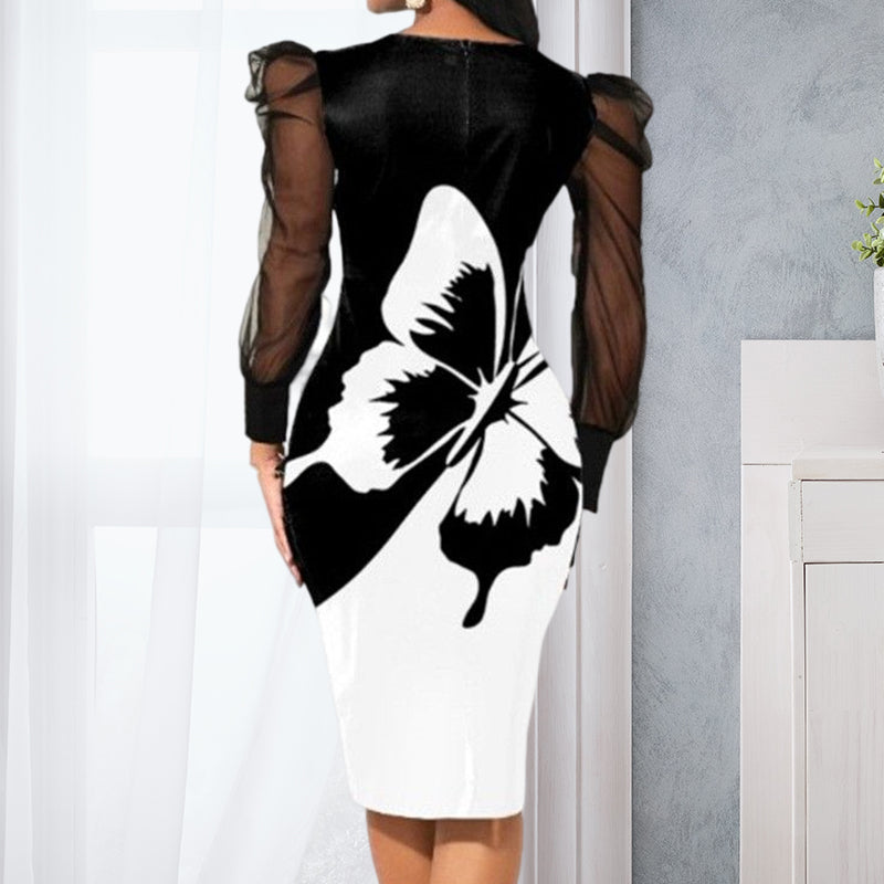 Mesh Long Sleeve Butterfly Print Pencil Dress