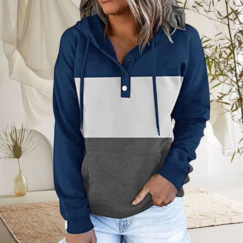 Ladies Colorblock Fleece V-Neck Hooded Drawstring Pullover Sweatshirt