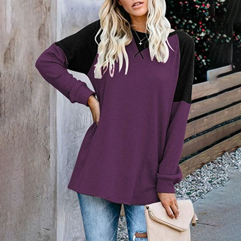 Round Neck Long Sleeve Color Block T-Shirt