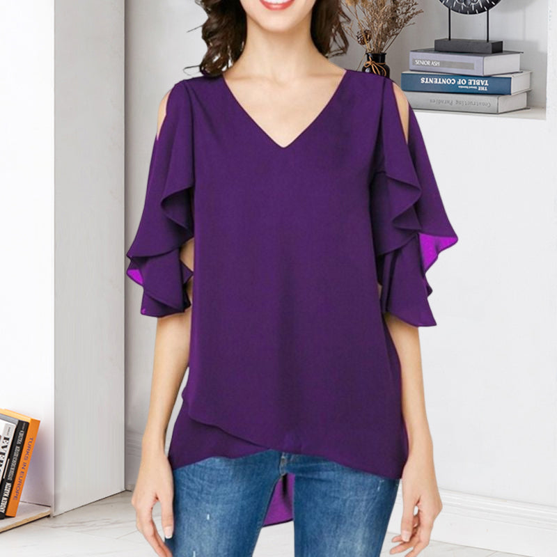 Women's Leaky Shoulder Lotus Leaf Sleeves Chiffon Top