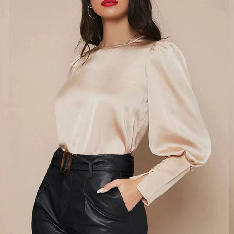 Crew Neck Button-Up Satin Shirt