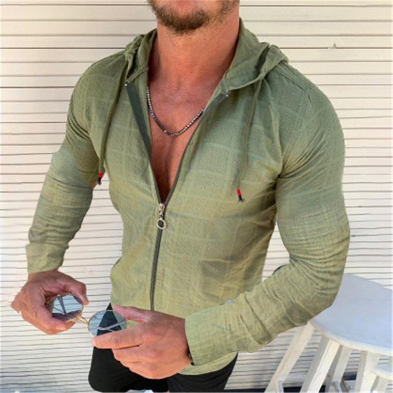 Casual Long-sleeved Shirt Hooded Fitting Cardigan Zipped Cardigan Shirt