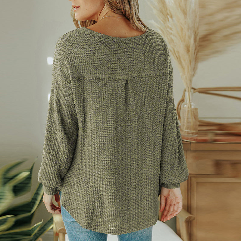 Solid Color V-Neck Pullover Long Sleeve Knit Sweater