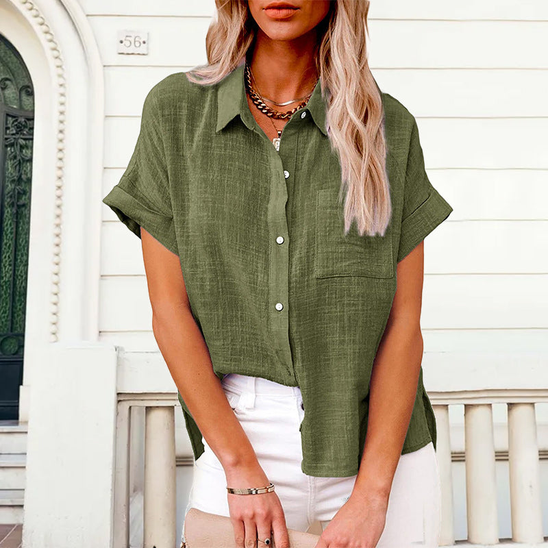 Women's Solid Color Pocket Short Sleeve Cotton Linen Shirt
